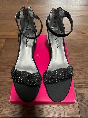 Nina Black Studded Braided Ankle-Strap Heels